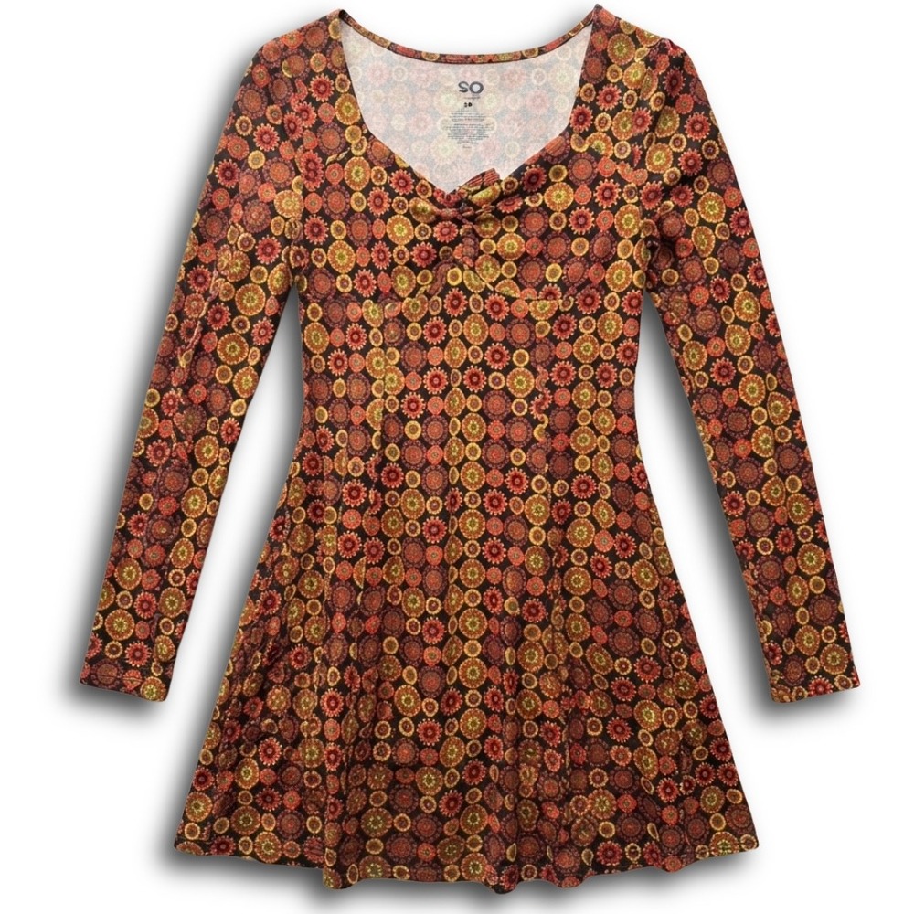SO Women Retro Medallion Print Long Sleeve Mini Dress Orange Red XS
